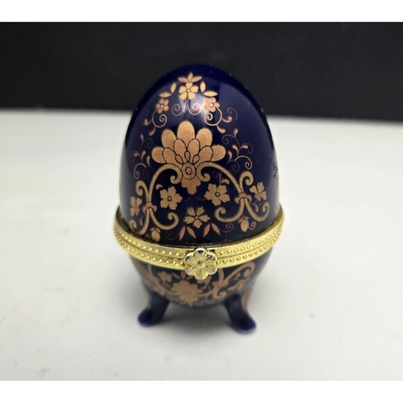 Cobalt Blue Egg Trinket Box Footed Porcelain Hinged Lid Floral Design Vintage 3" - Picture 4 of 15